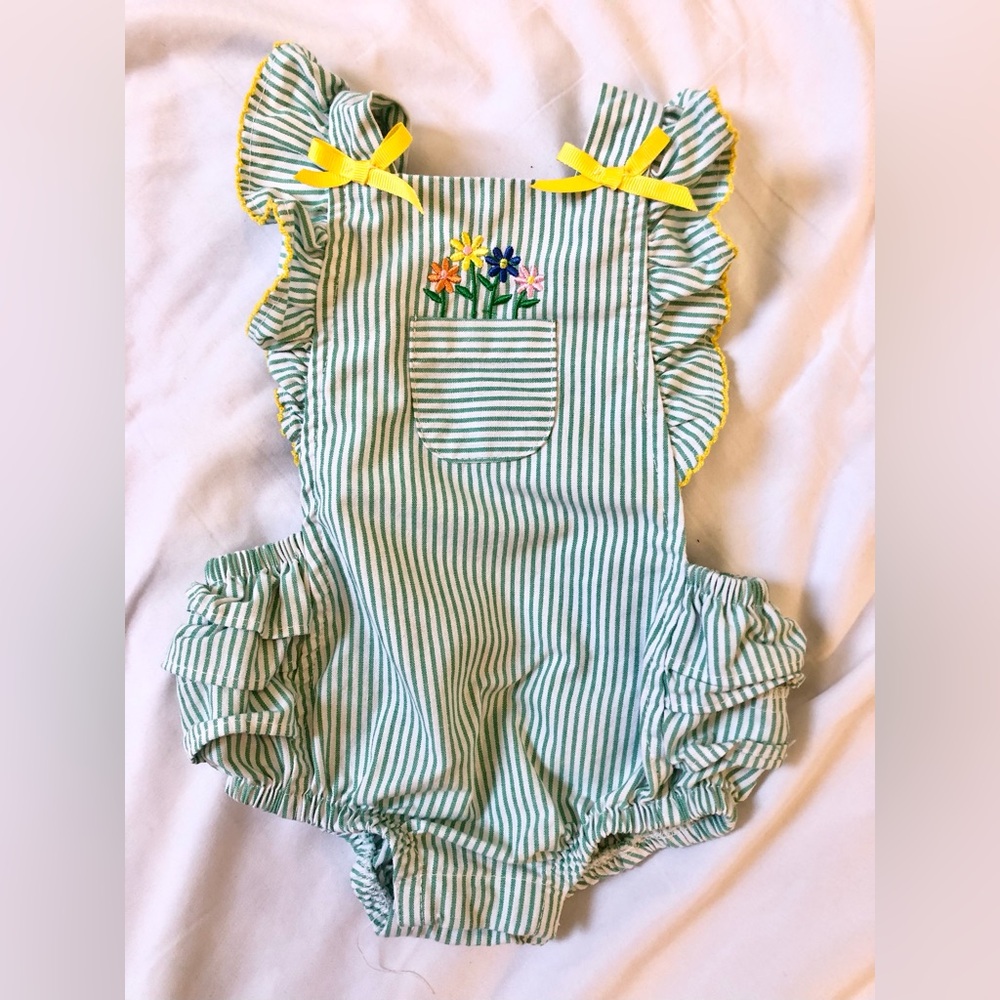 Goodlads Girl's Size 3 Month Ruffled Romper Green Striped with Floral Embroidery